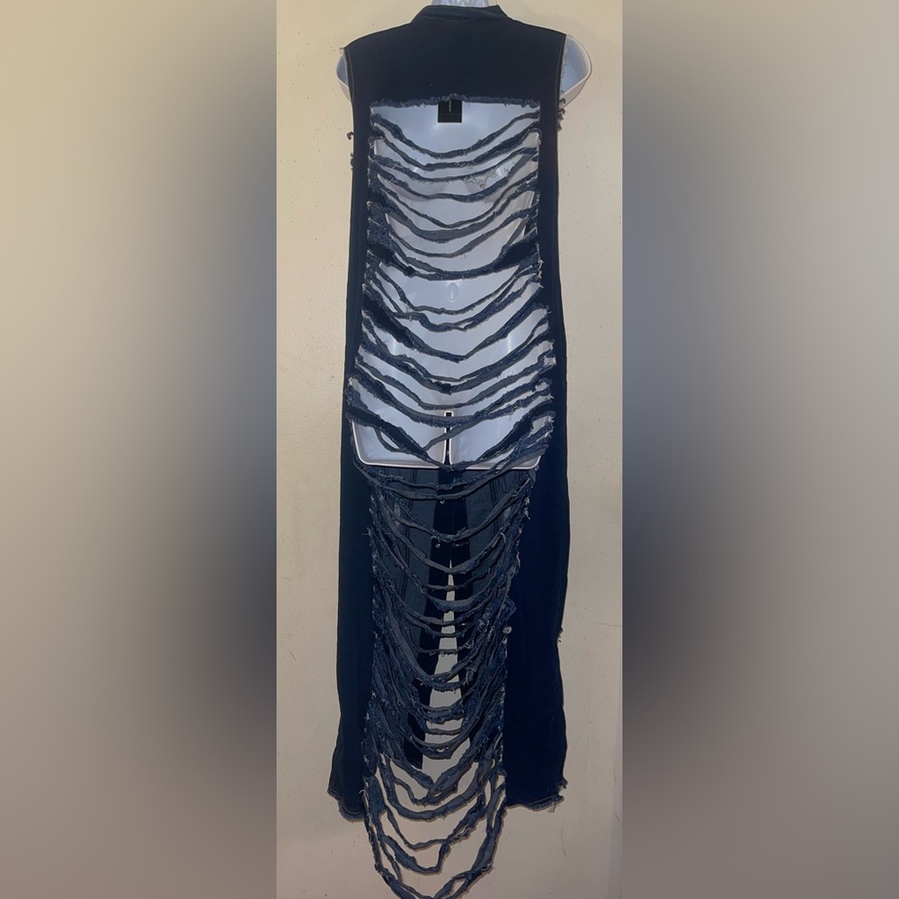 Denim Distressed Maxi Vest with Button Front and Matching Distressed Jeans - Picture 4 of 7